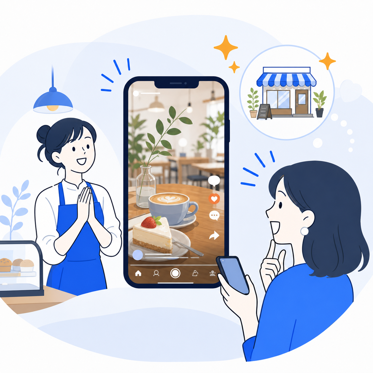 SNSでお店が発見される様子のイラスト