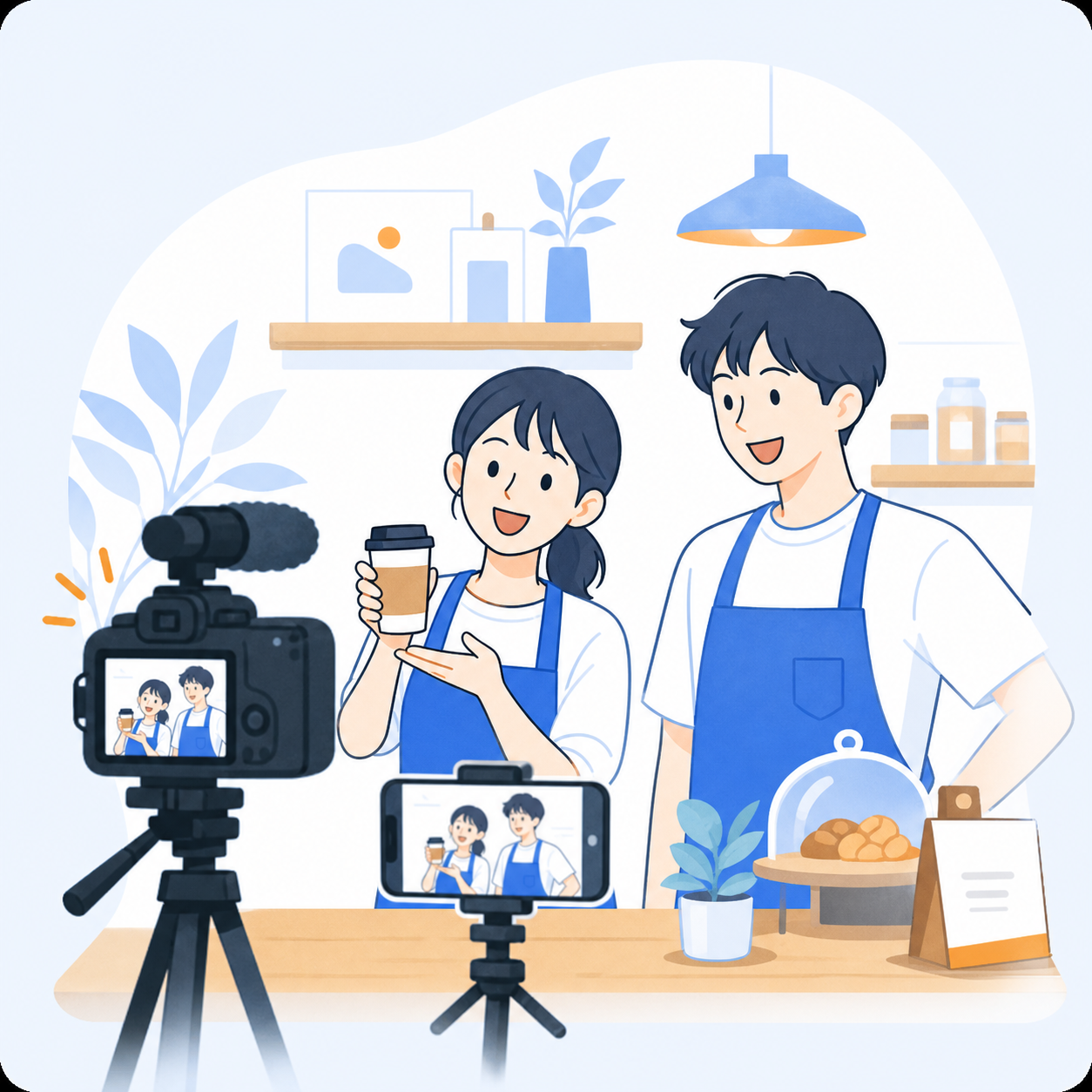ショート動画でお店の魅力を撮影する様子のイラスト